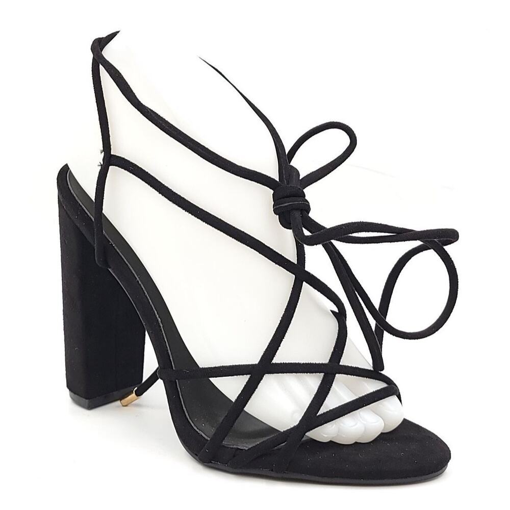 So Me Women Strappy Ankle Wrap Block Heel Sandals Veila Size US 8 Black